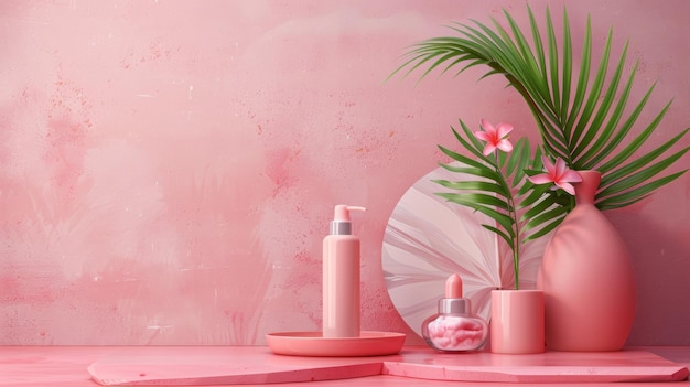 a pink bathroom with a plant and a bottle of lotion