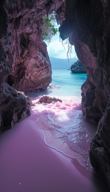 Photo pink beach view from cave