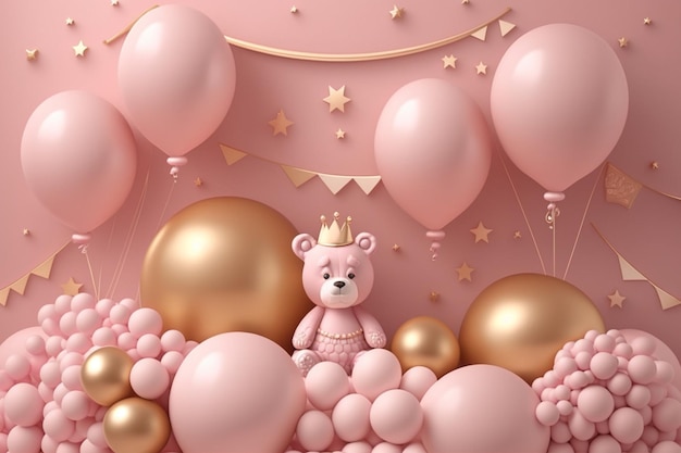 Pink bear with a crown on it and balloons on the background