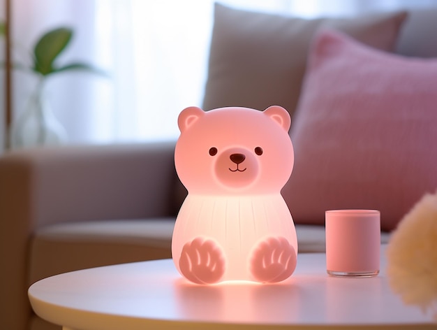 a pink bear with a pink candle on the table