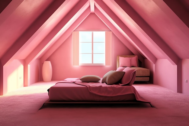 A pink bedroom with a bed and a window