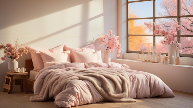 Pink Bedroom with Floral Decorations and a Window View