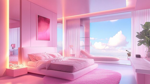 Photo a pink bedroom with a person laying on the bed and a pink and purple blanket