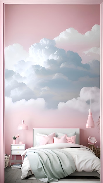 A pink bedroom with a picture frame and pink pillows