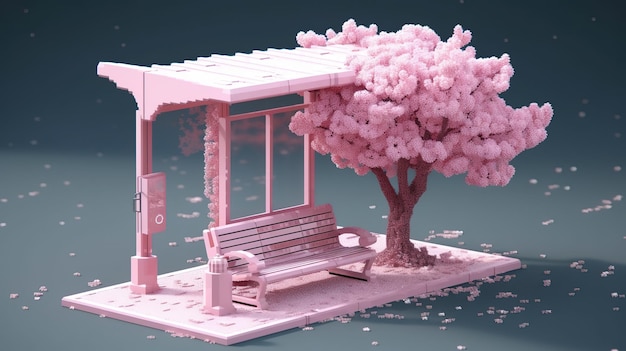 A pink bench with a tree in the background