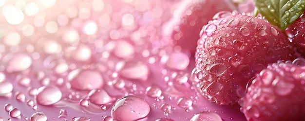 a pink berry is surrounded by water drops