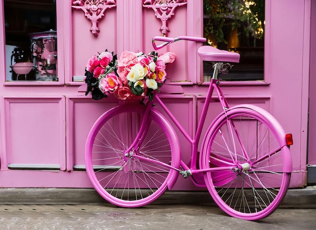 A pink bicycle is leaning against a pink wall with a pink frame.