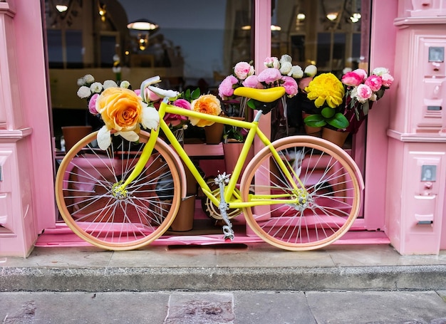 A pink bicycle is parked in front of a pink storefront with flowers.