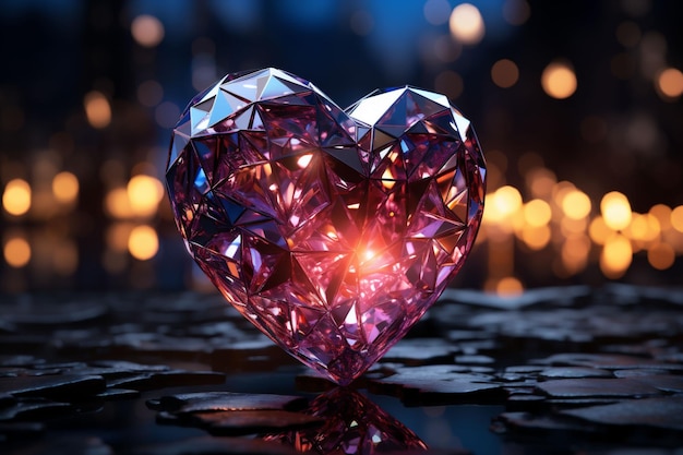 A pink big diamond heart shining standing on a wet pavement Bokeh lights on a dark base