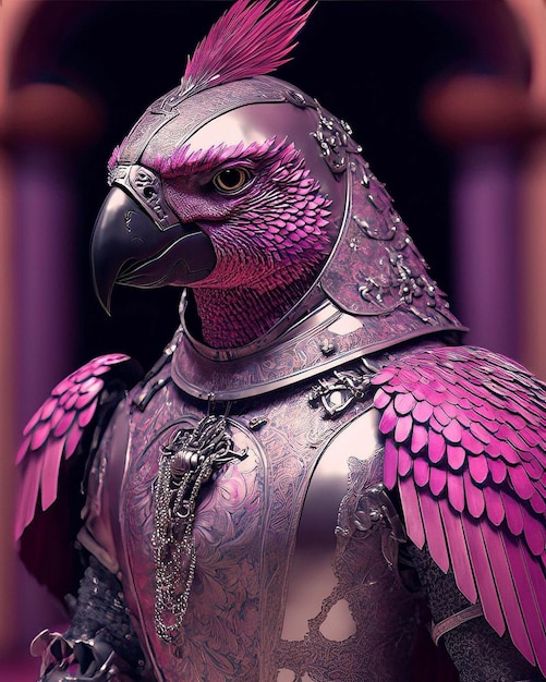 A pink bird with a black beak and a yellow beak is standing in a pink and purple costume.