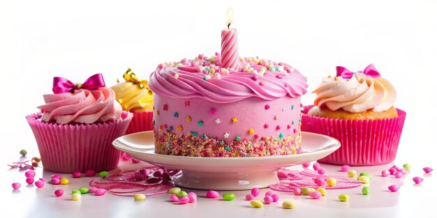 a pink birthday cake with a candle on it