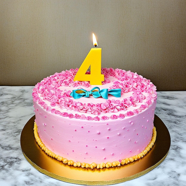 a pink birthday cake with a candle that says quot 4 quot