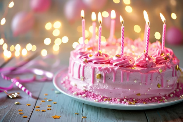 Pink Birthday Cake With Candles And Festive Decorations Selective Focus