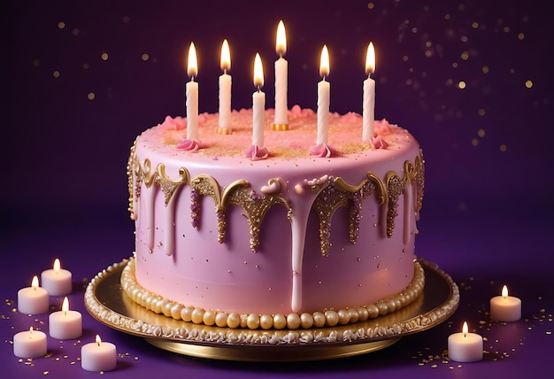 Pink Birthday cake with candles lit