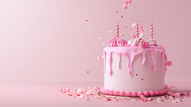 Photo pink birthday cake with candles and pink confetti