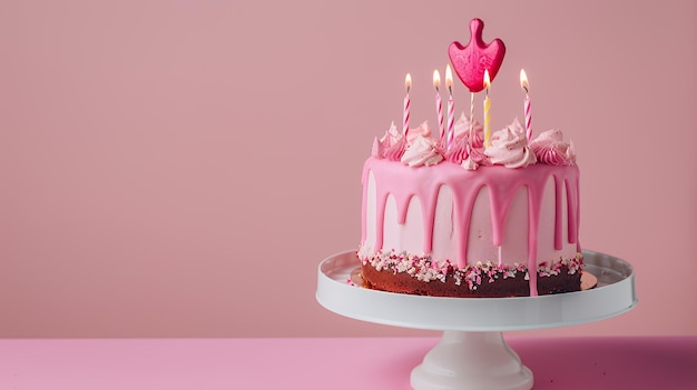 Photo pink birthday cake with heartshaped candle and frosting on a white stand