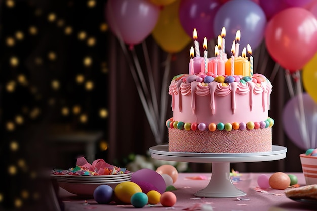 A pink birthday cake with lit candles surrounded by balloons