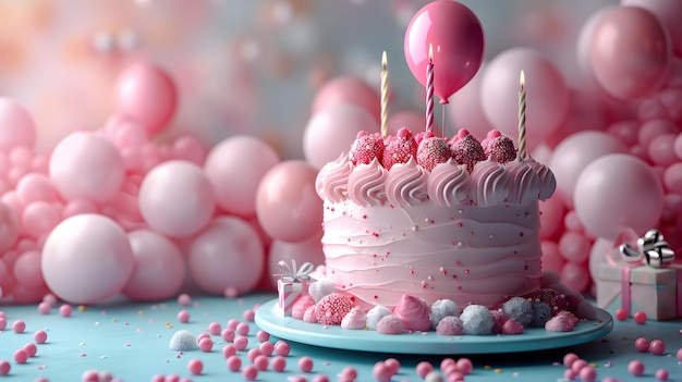 A pink birthday cake with pink frosting and pink balloons