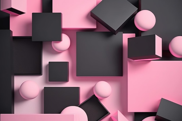 A pink and black background with black cubes and a pink background.