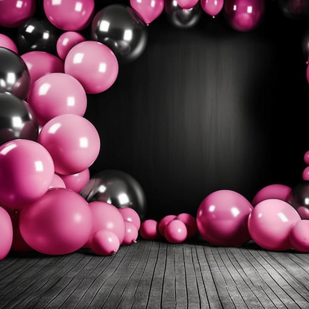 Pink and black balloons in a room with a black background.