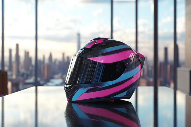 Photo a pink black and blue motorcycle helmet is sitting on a reflective surface