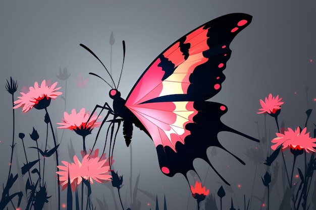 Pink and Black Butterfly on a Gray Background