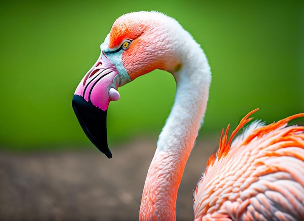 A pink and black flamingo with a black beak