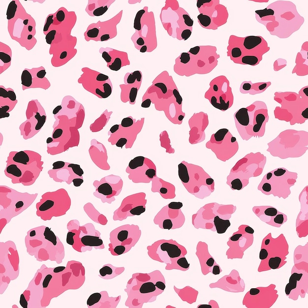 A pink and black leopard print background with black spots