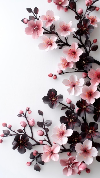 Photo pink and black paper flowers on white background