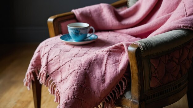 Photo a pink blanket draped over a cozy armchair with a cup invites relaxation in a modern stylish space