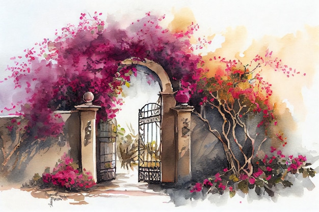 Pink Blooming Gate Watercolor