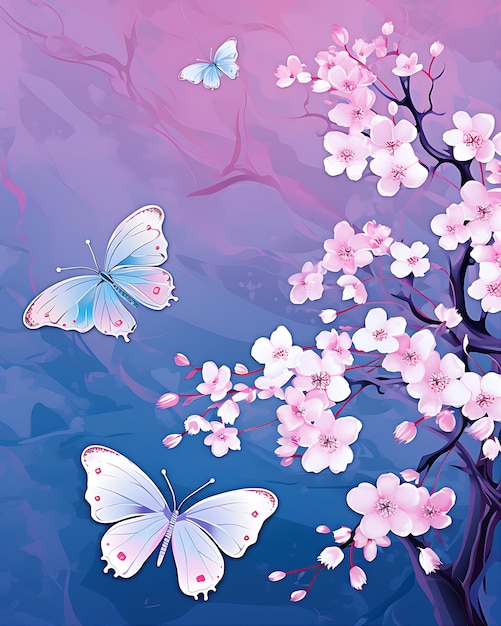 Pink Blossom Background with Butterflies