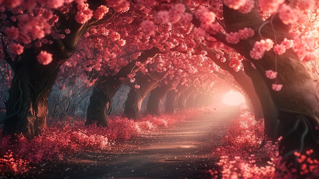 Photo pink blossom pathway