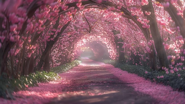 Photo pink blossom pathway