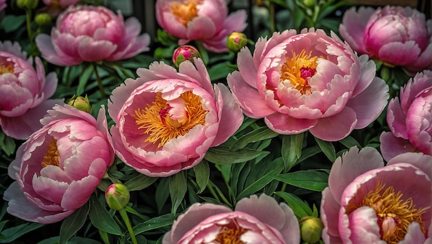 Pink blossom peony flowers exposed for sale in a flower