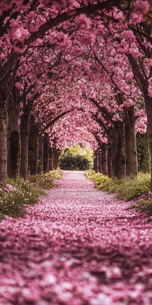 Photo pink blossoms create a magical path