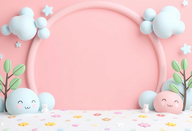 Pink and blue 3D cartoon background with cute characters