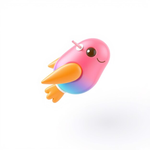 Pink and blue 3D cartoon character with a horn flying in the air