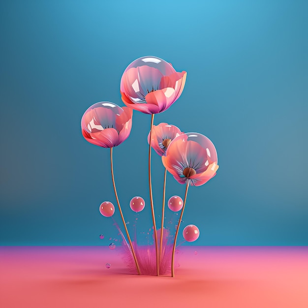 A pink and blue background with a bunch of flowers and bubbles.