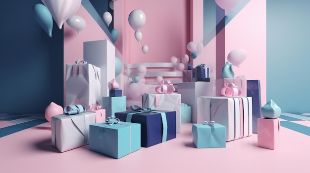 A pink and blue background with a bunch of presents and balloons.