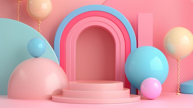 A pink and blue background with a pink archway and a pink and blue sphere