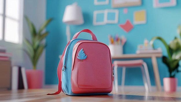 Photo a pink and blue backpack sits on a table next to a lamp