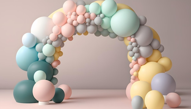 A pink and blue balloon arch with a pink background.