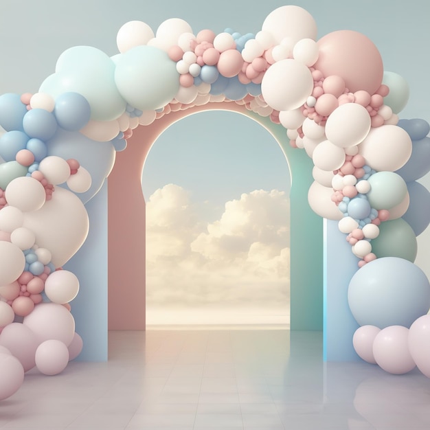 A pink and blue balloon arch with a sky background.