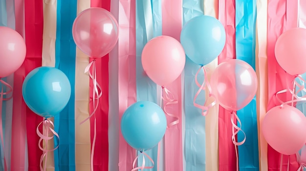 Pink and blue balloons float in front of a colorful streamer backdrop