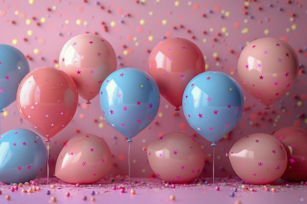 Pink And Blue Balloons With Confetti On Pink Background