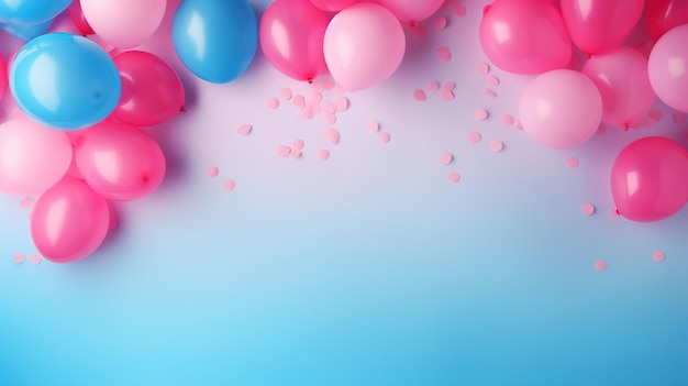 Pink and blue balloons with hearts on a blue background.