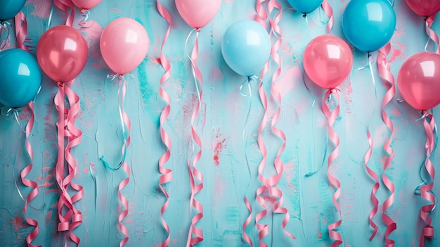 Pink and blue balloons with ribbons float against a blue textured background