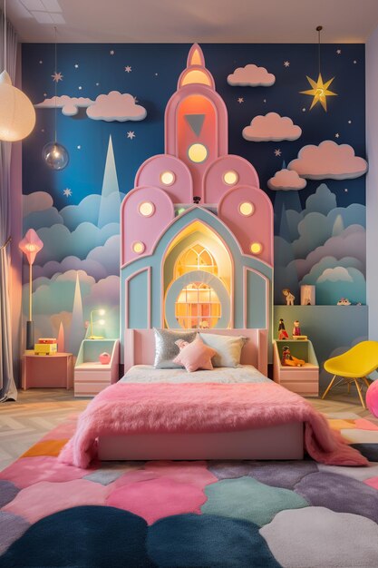 A pink and blue bedroom with a castlethemed mural on the wall