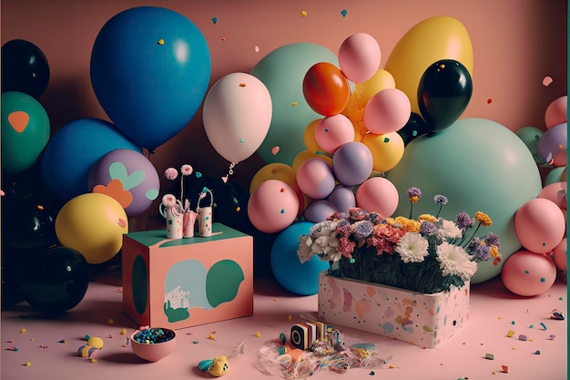 A pink and blue box with a bunch of balloons on it and a bunch of flowers on the floor.